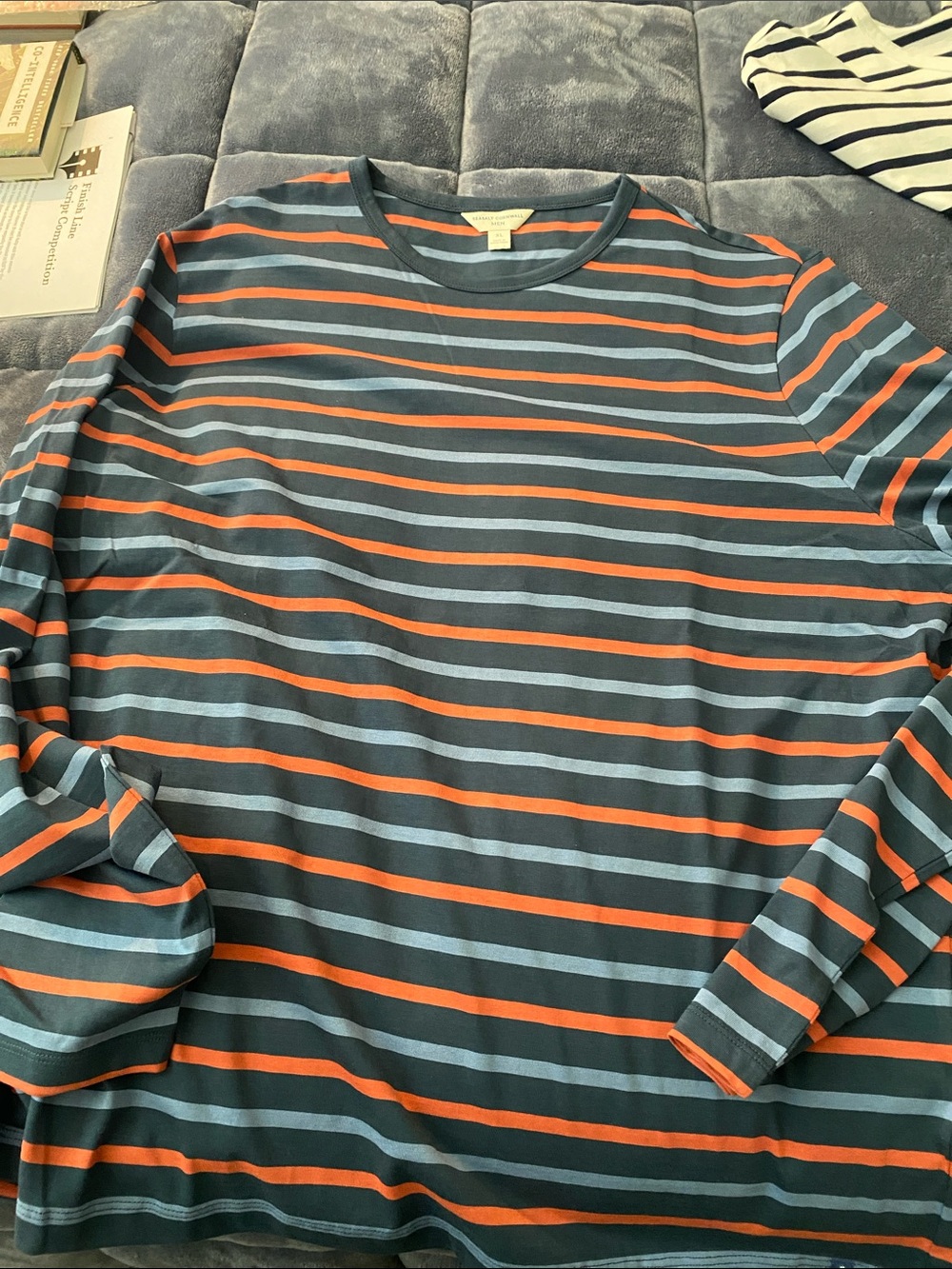 Men's Long-Sleeve Striped Crew Tee - Blue & Orange